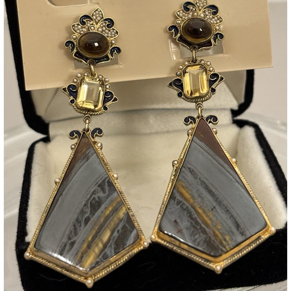Vintage Percossi Papi Amber/Citrine/Tigers Eye/Seed Pearl/Enamel Drop EARRINGS